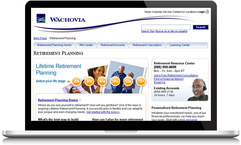 Wachovia retirement page on a laptop