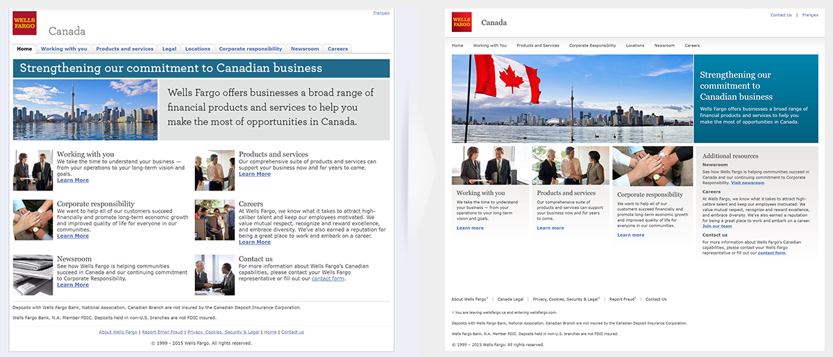 Wells Fargo Canada site, old and new homepage