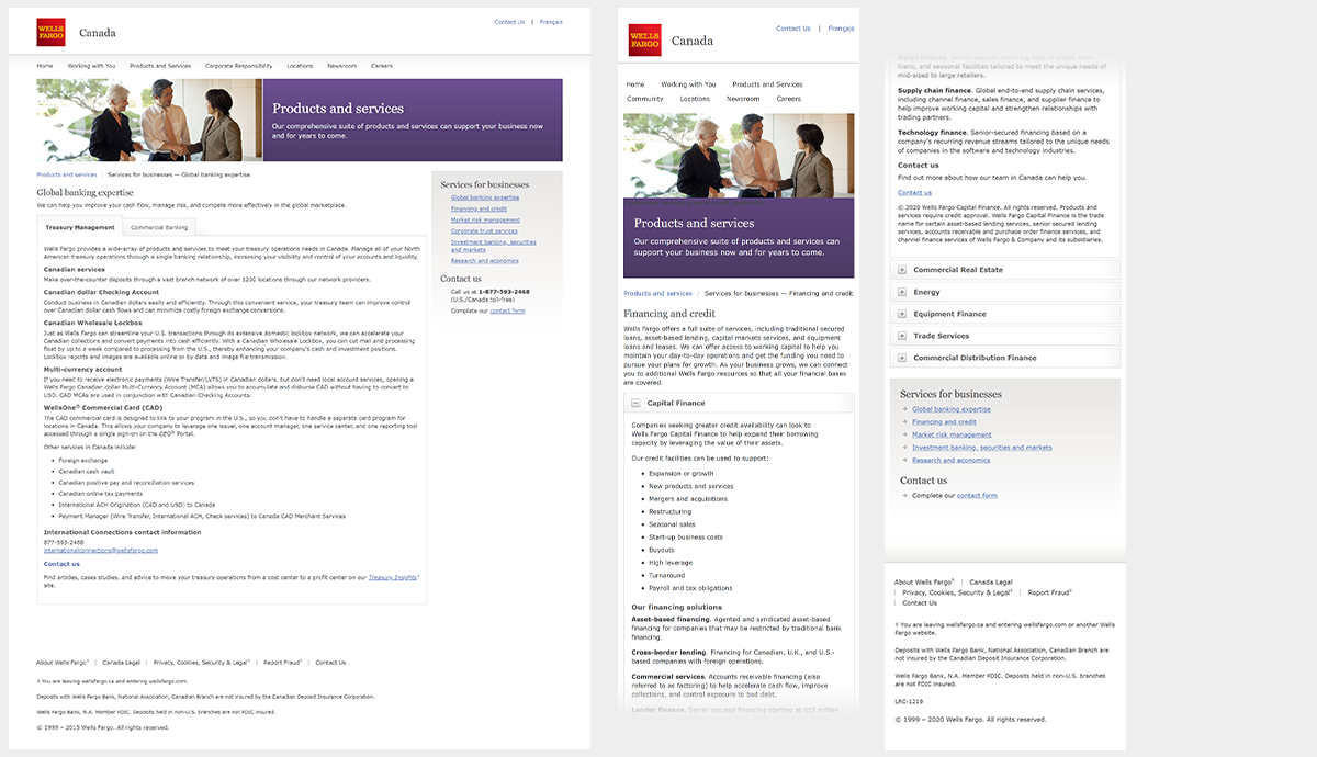 Products and Services subpage on different screen sizes: large, and small