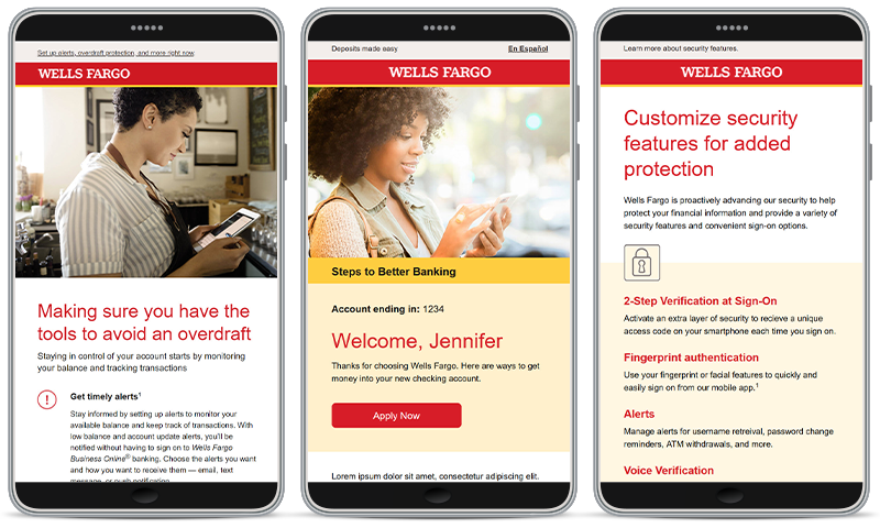 Samples of new Wells Fargo emails on phones