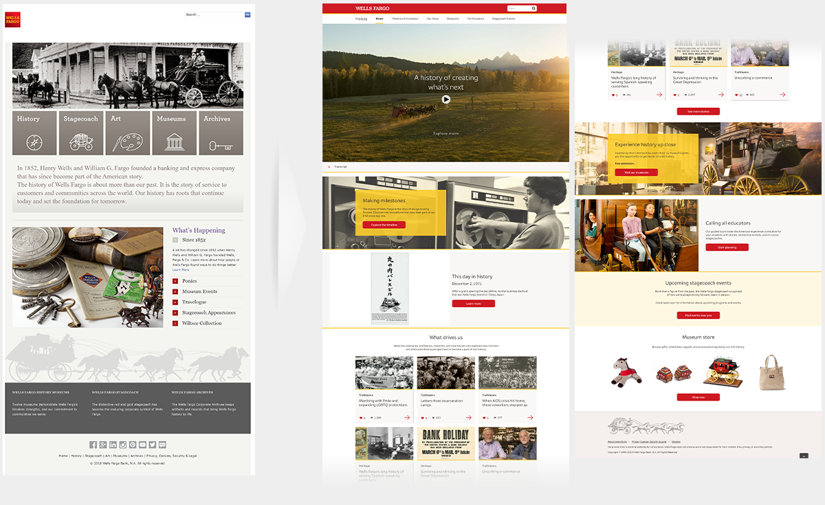 Wells Fargo History site, old and new homepage