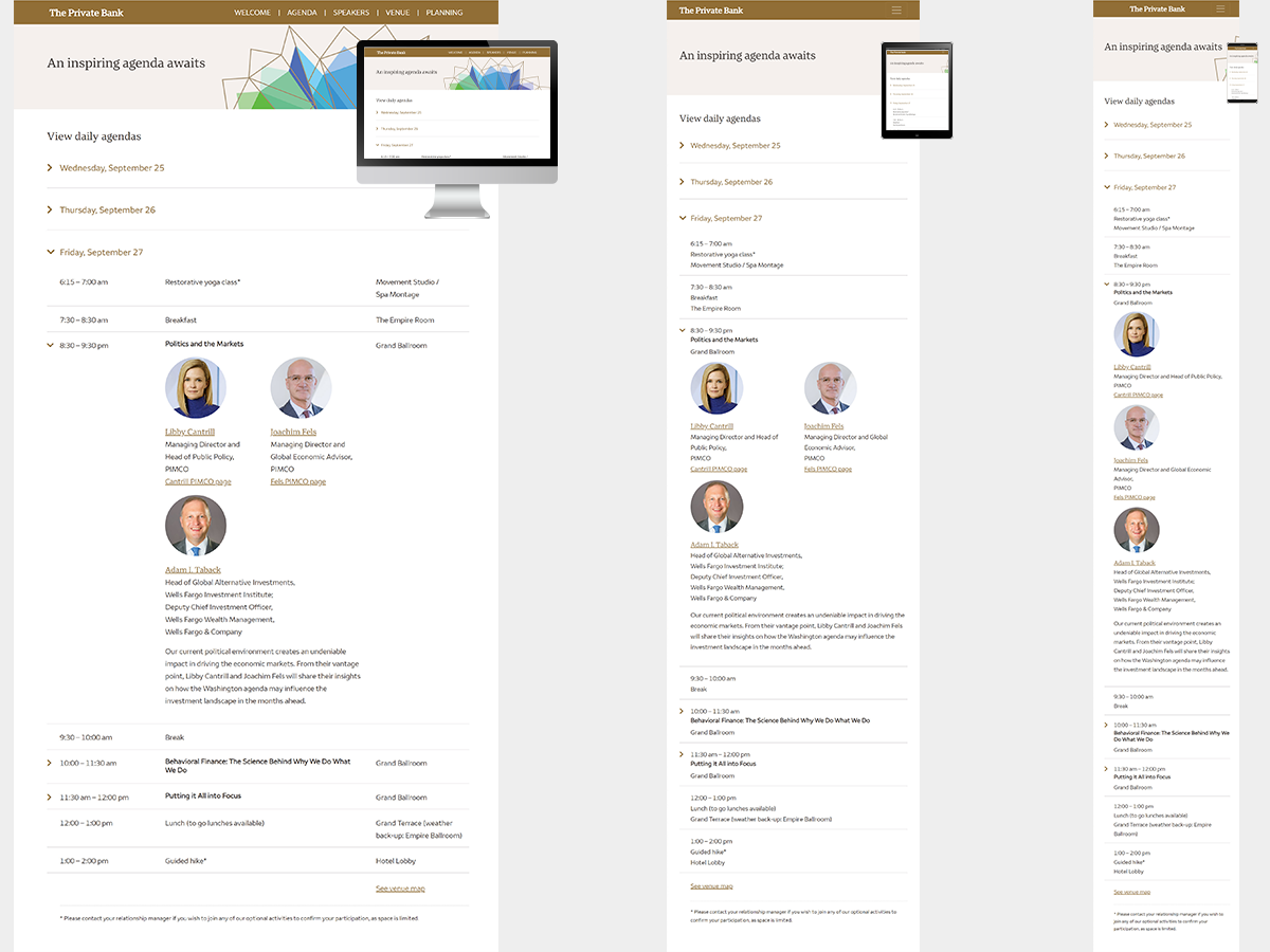 Expanded agenda on three screen sizes