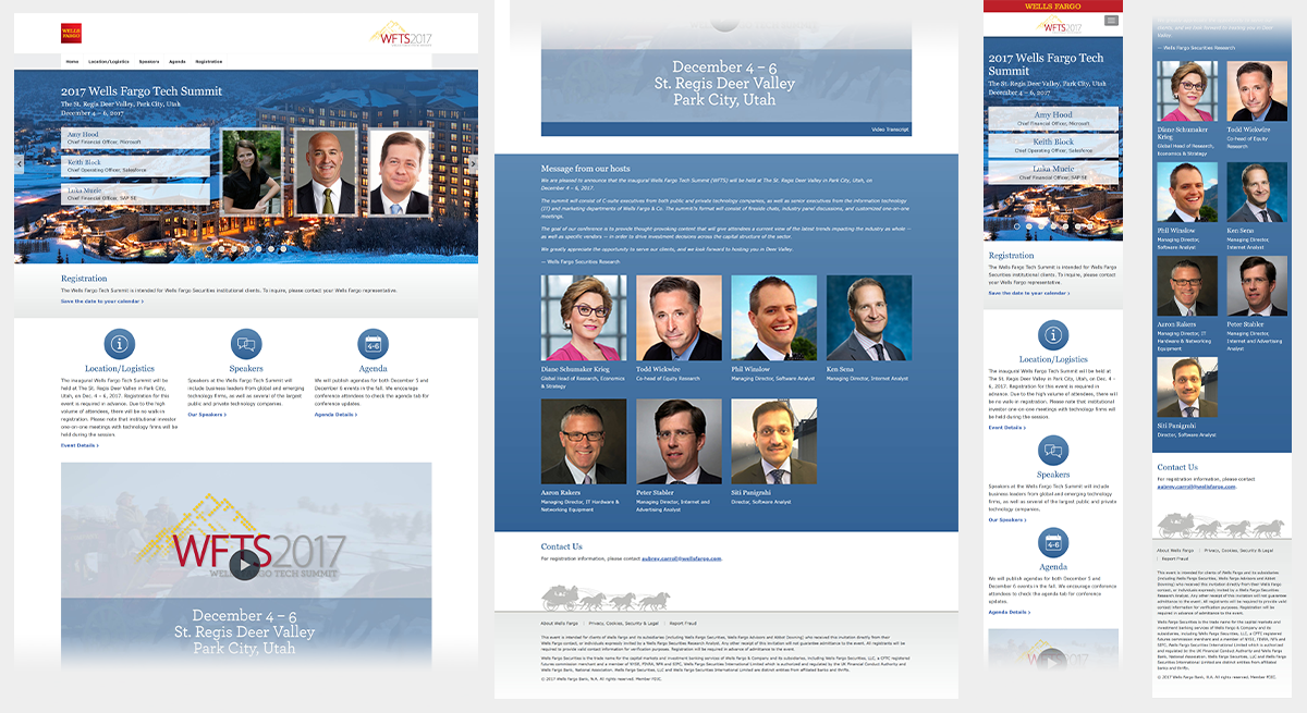 Wells Fargo Tech Summit microsite on different screen sizes: large, and small