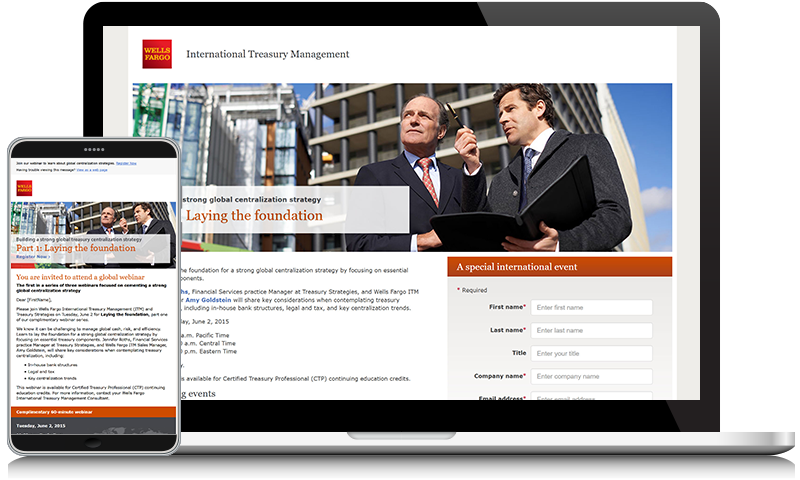 Wells Fargo International Treasury Management webinar's registration page on a laptop and an invitation email on a phone