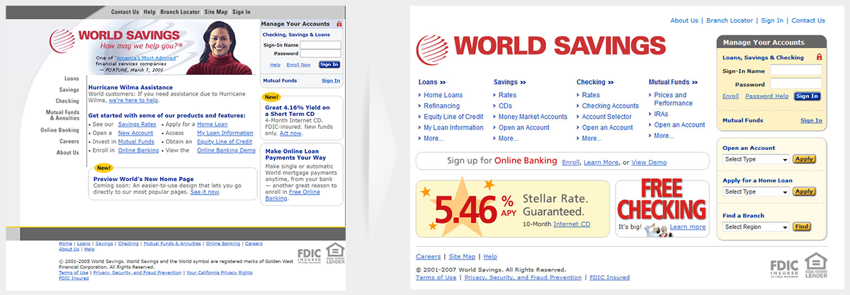 World Savings home page, old and new homepage